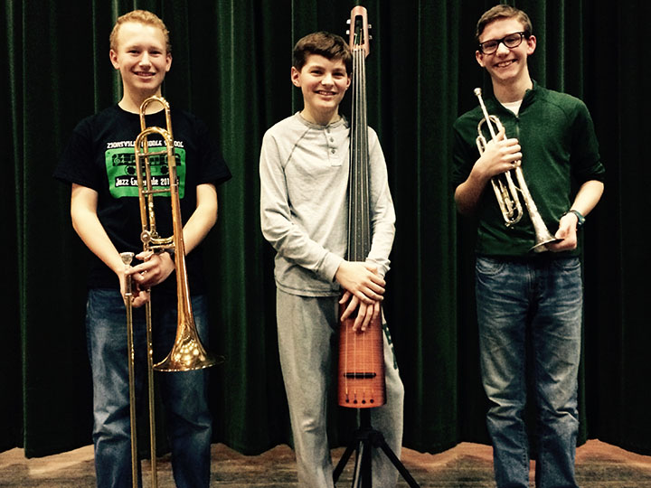 From left, ZMS students Ethan Perry (trombone), Cody Bevelhimer (electric string bass) and Wesley Turnbull (trumpet) were members of the Junior All-State Band. (photo by Mark Ambrogi)