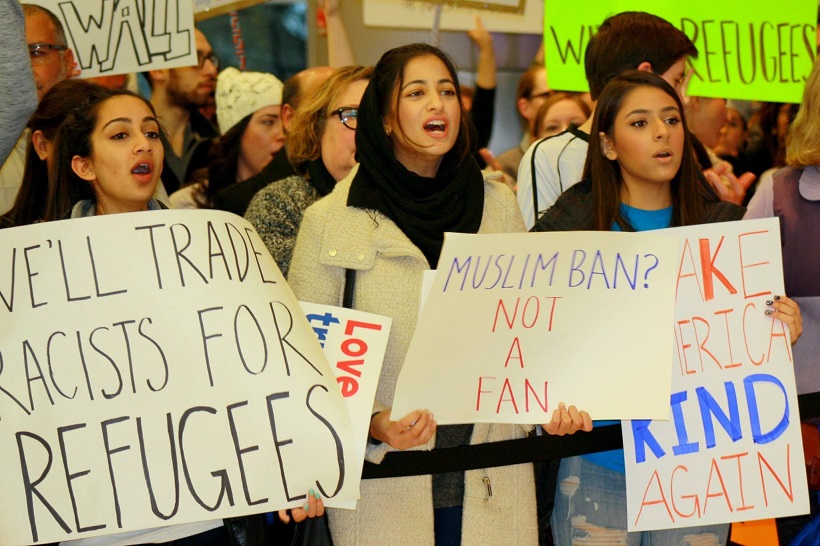 Hera Ashraf participates in a rally at the Indianapolis International Airport on Jan. 29 protesting President Donald Trump’s executive orders banning refugees and travel from certain countries. (Submitted photo)
