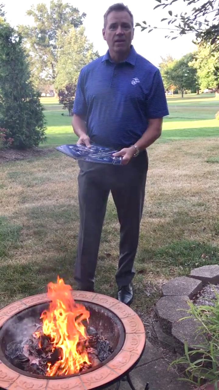 Rodney Heard of Carmel prepares to burn his Colts season tickets in response to some of the players choosing to kneel during the national anthem Sept. 24. (Submitted photo)