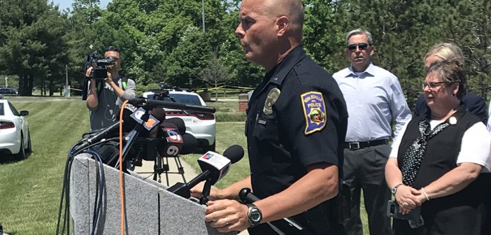 Lt. Bruce Barnes gives an update during a media conference in front of Noblesville West Middle School. (Photo by Anna Skinner)