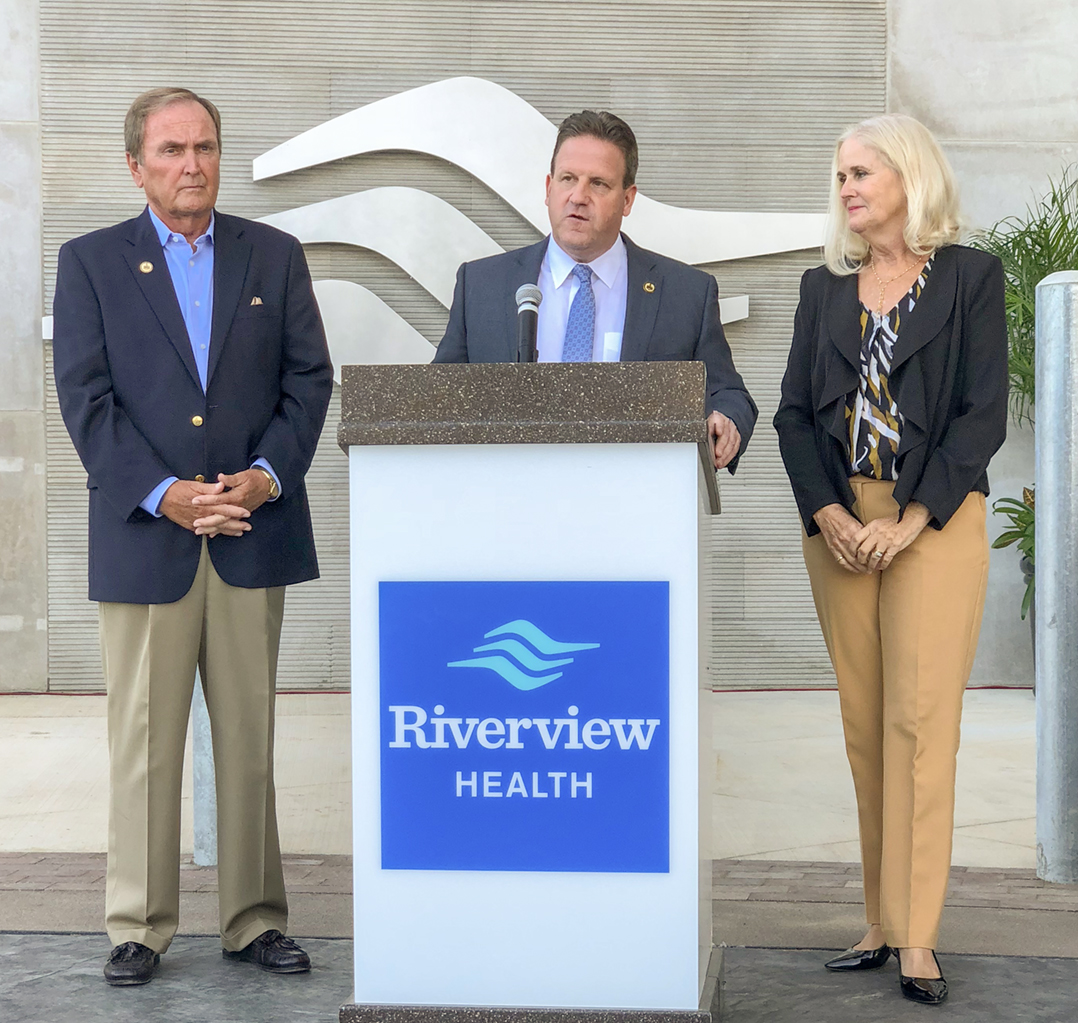 From left, Hamilton County Commissioners Steve Dillinger, Mark Heirbrandt and Christine Altman present at the ribbon-cutting ceremony for Riverview Health Westfield Hospital on Aug. 30. (Photo by Anna Skinner)