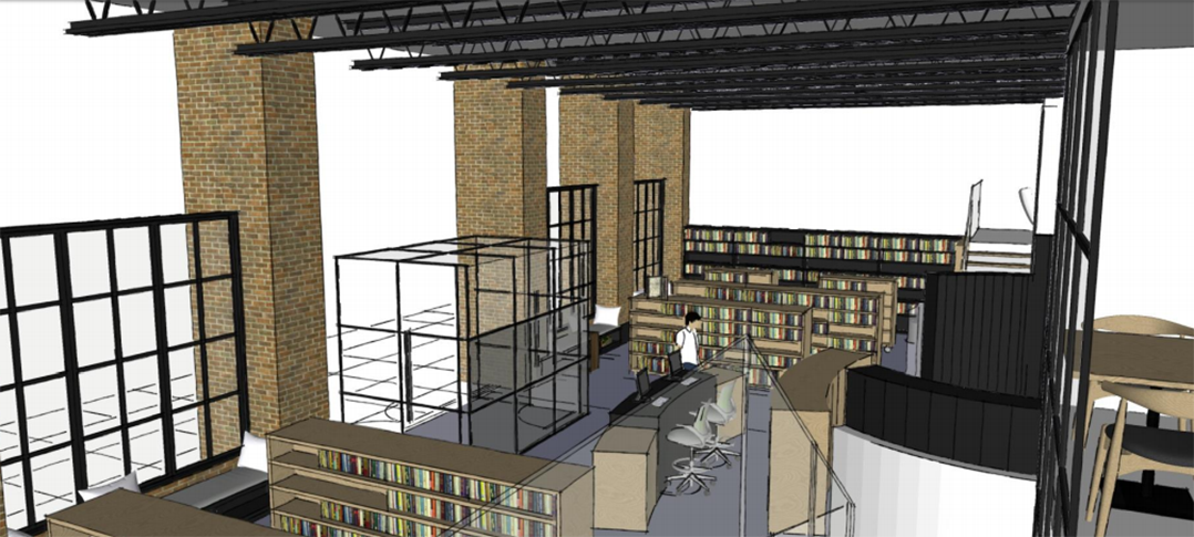 A view of the Carmel Clay Public Library’s future west branch from the mezzanine level. (Submitted rendering)